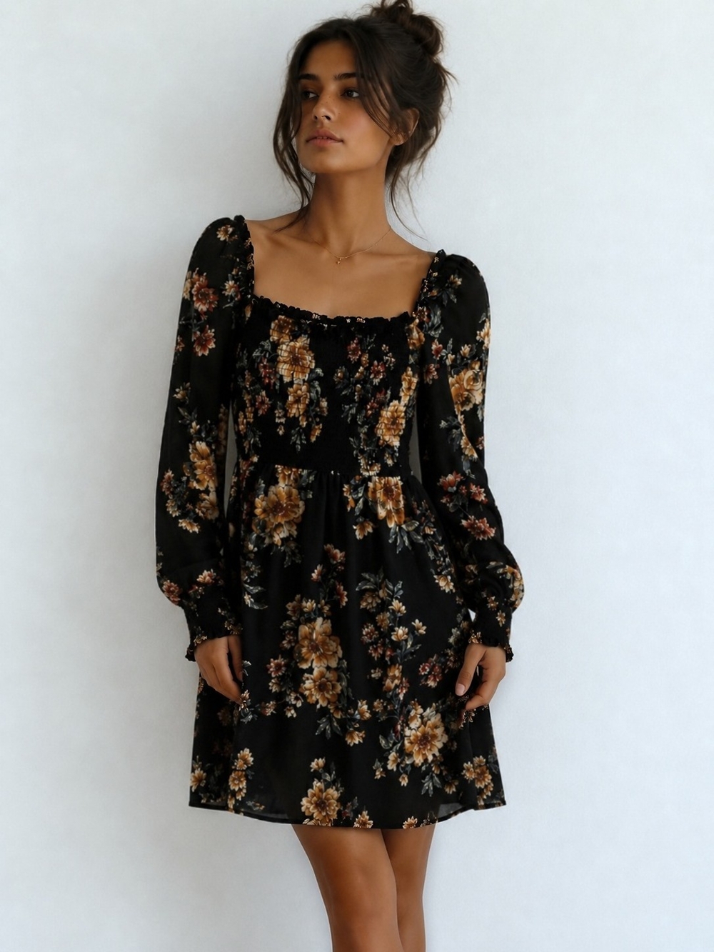 Black Floral Smocked Mini Dress Women's Off Shoulder Long Sleeve Stretchy Boho